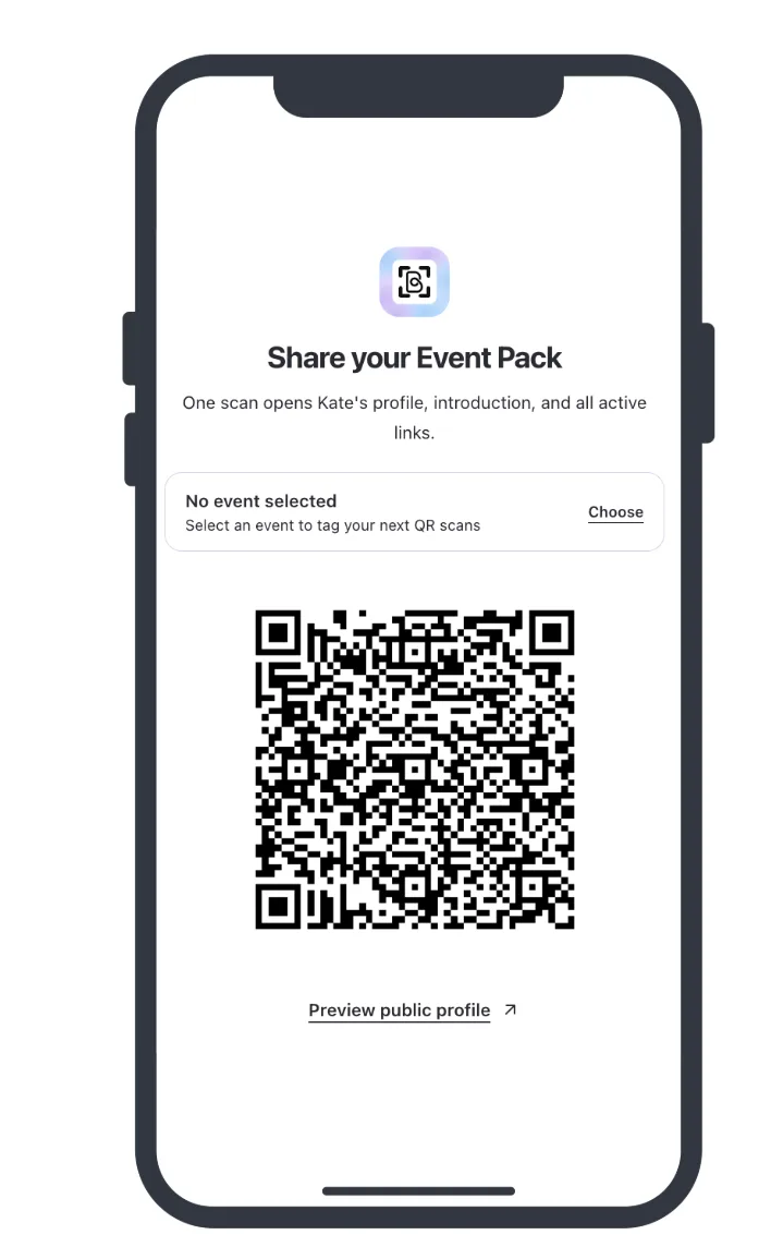 The Handshake Event Pack share screen on a phone, showing the QR code that opens your profile, introduction and active links