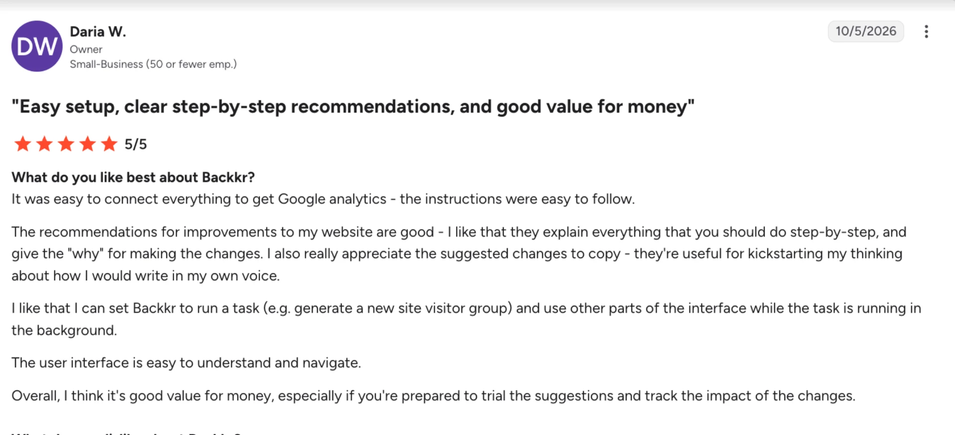 G2 review from Daria W., owner of a small business: “Easy setup, clear step-by-step recommendations, and good value for money” — rated 5 out of 5