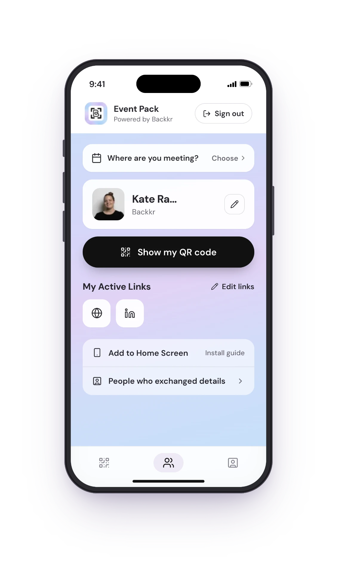 Handshake on a phone showing your QR code, profile and contact links