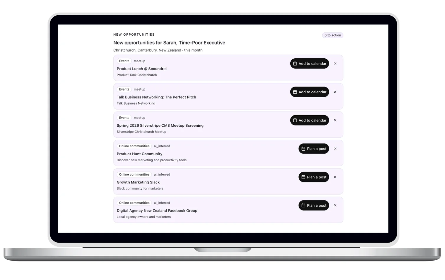 Backkr’s list of new opportunities for Sarah, the Time-Poor Executive, showing named events and online communities to attend or join