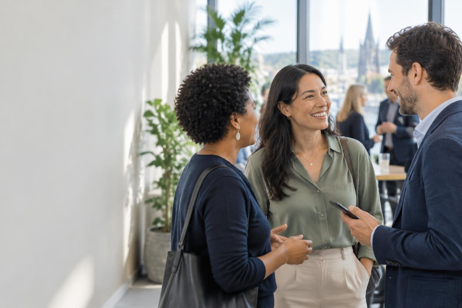 Professionals connecting and talking at a networking event