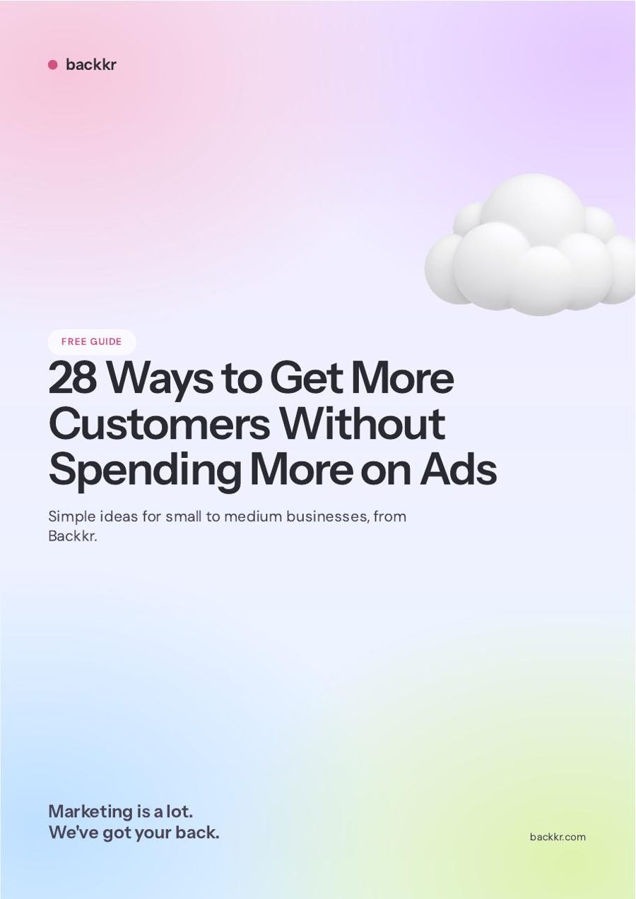 Page 1 of the Backkr guide, 28 Ways to Get More Customers: Cover