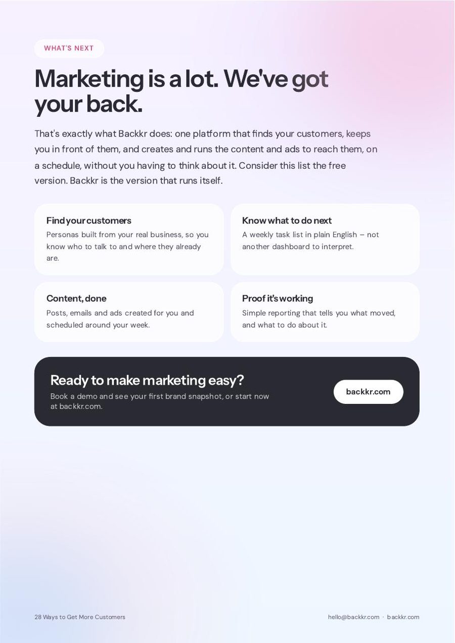 Page 10 of the Backkr guide, 28 Ways to Get More Customers: What's next