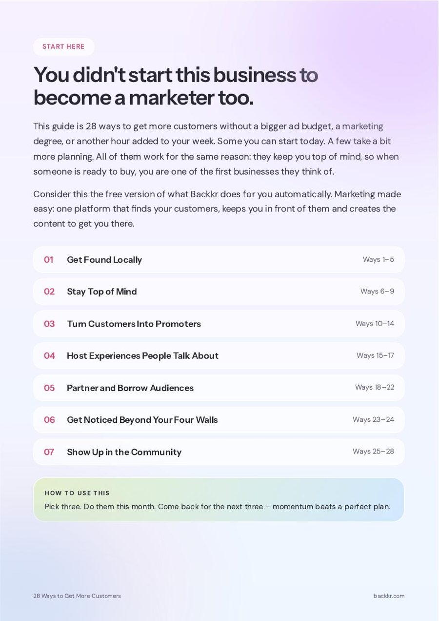 Page 2 of the Backkr guide, 28 Ways to Get More Customers: Start here