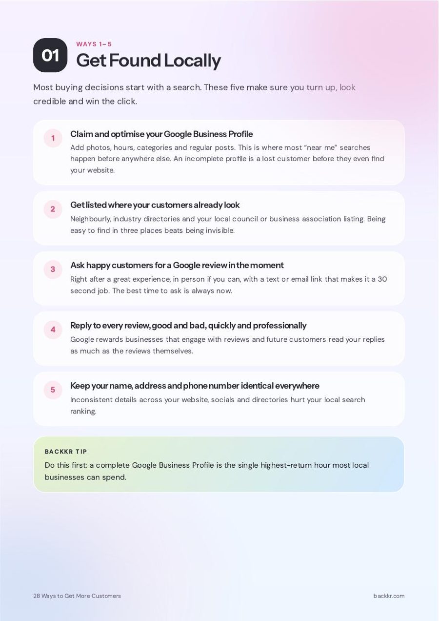 Page 3 of the Backkr guide, 28 Ways to Get More Customers: 01 · Get found locally