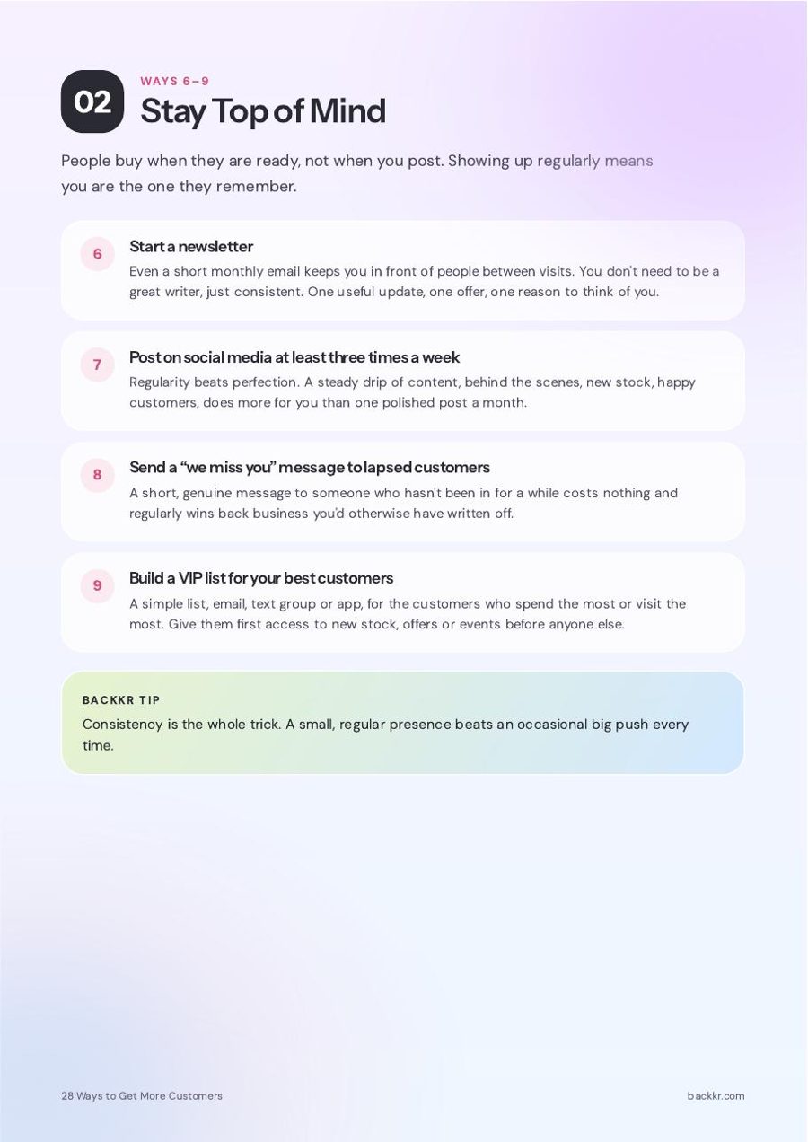 Page 4 of the Backkr guide, 28 Ways to Get More Customers: 02 · Stay top of mind