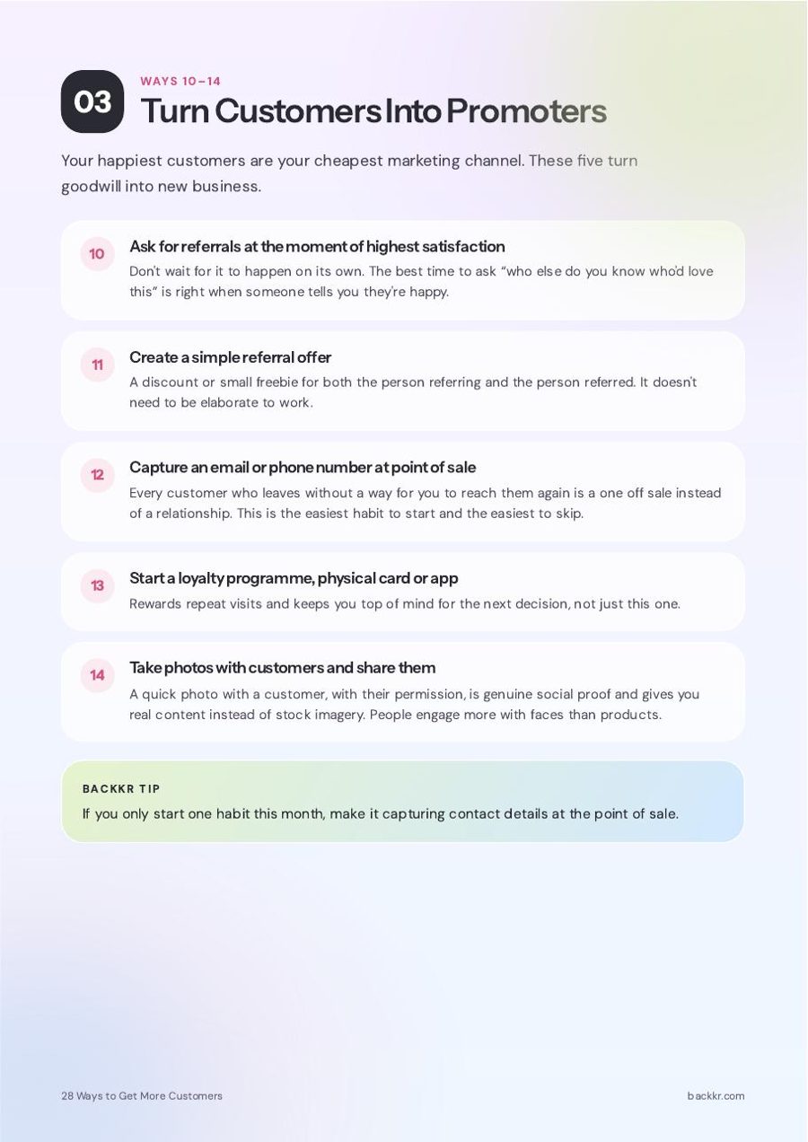 Page 5 of the Backkr guide, 28 Ways to Get More Customers: 03 · Customers into promoters