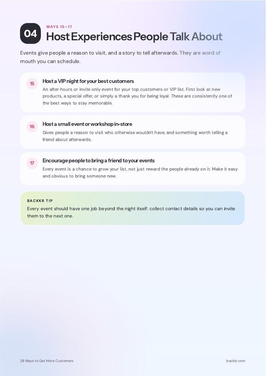 Page 6 of the Backkr guide, 28 Ways to Get More Customers: 04 · Host experiences