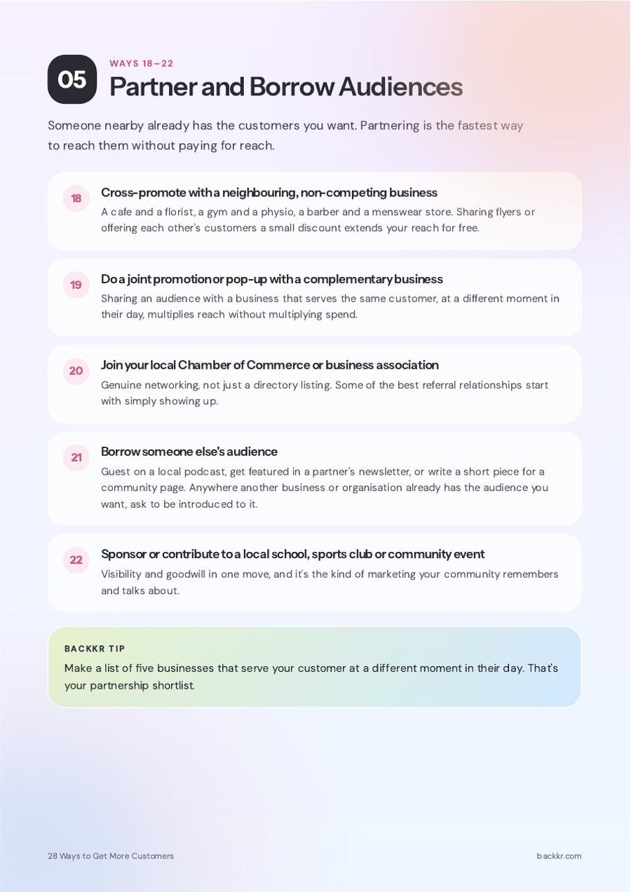 Page 7 of the Backkr guide, 28 Ways to Get More Customers: 05 · Partner and borrow audiences