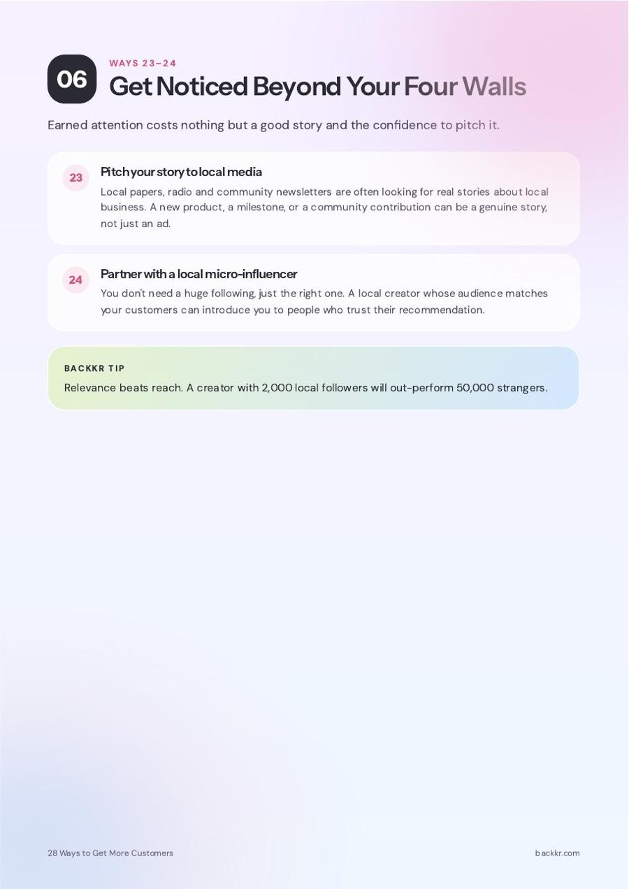 Page 8 of the Backkr guide, 28 Ways to Get More Customers: 06 · Beyond your four walls