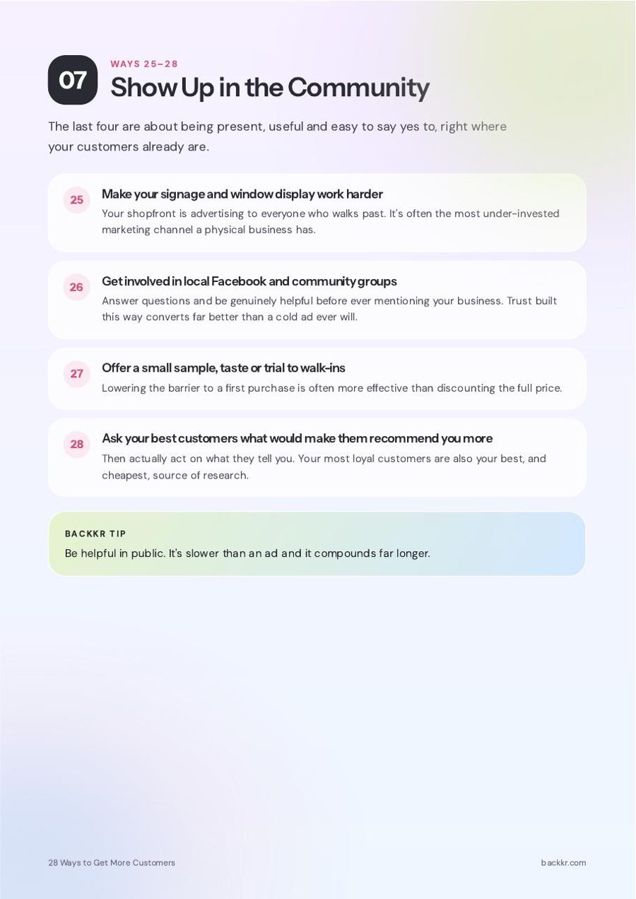 Page 9 of the Backkr guide, 28 Ways to Get More Customers: 07 · Show up in the community